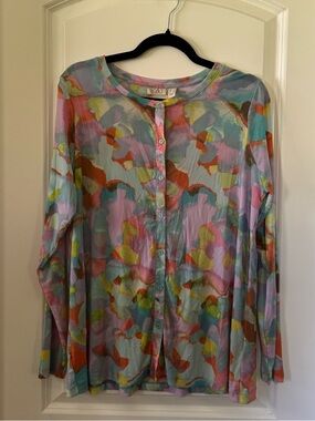 LOGO Button Up Sheer Colorful Blouse - Size L